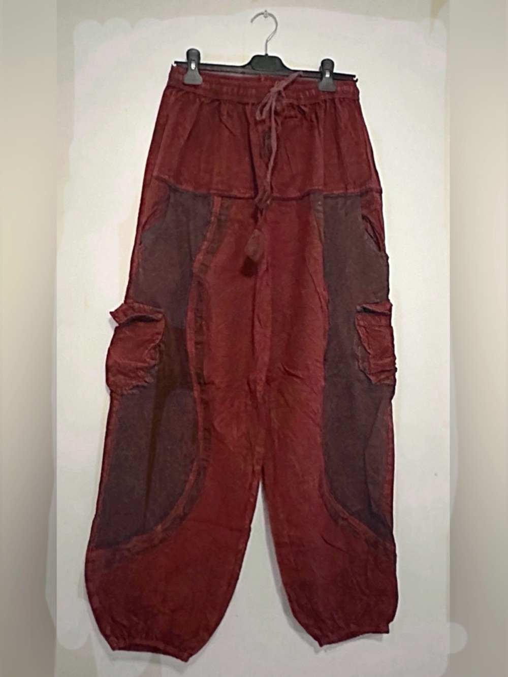 Boho Drawstring Cargo Harem Pants in Deep Burgundy